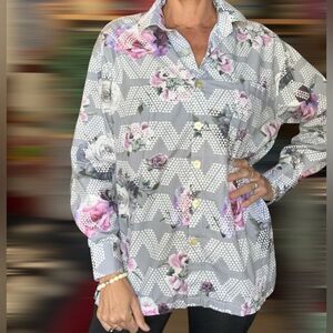 90A. Hula Tease Hawaii Designer Polynesian collar button up Rose Dress shirt